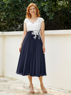 Cap Sleeves Chiffon Dresses with Ivory Bodice Dark Navy