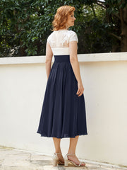Cap Sleeves Chiffon Dresses with Ivory Bodice Dark Navy