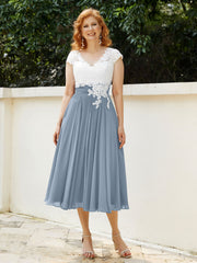 Cap Sleeves Chiffon Dresses with Ivory Bodice Dusty Blue