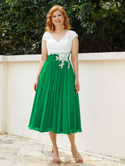 Cap Sleeves Chiffon Dresses with Ivory Bodice Emerald