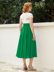 Cap Sleeves Chiffon Dresses with Ivory Bodice Emerald