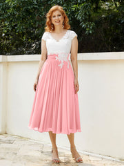 Cap Sleeves Chiffon Dresses with Ivory Bodice Flamingo