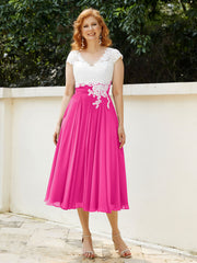 Cap Sleeves Chiffon Dresses with Ivory Bodice Fuchsia