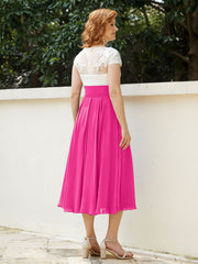 Cap Sleeves Chiffon Dresses with Ivory Bodice Fuchsia