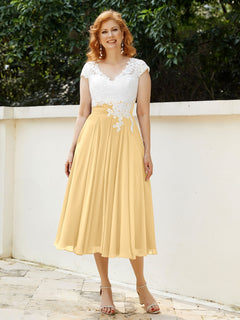 Cap Sleeves Chiffon Dresses with Ivory Bodice Gold