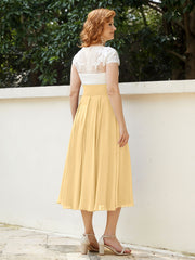 Cap Sleeves Chiffon Dresses with Ivory Bodice Gold