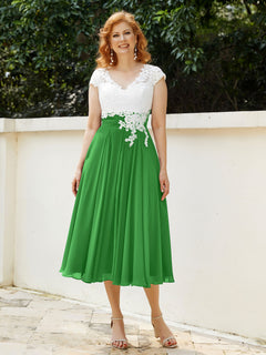 Cap Sleeves Chiffon Dresses with Ivory Bodice Green