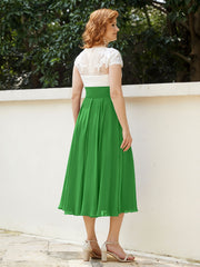 Cap Sleeves Chiffon Dresses with Ivory Bodice Green