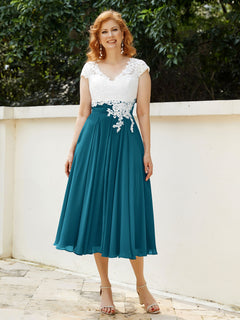 Cap Sleeves Chiffon Dresses with Ivory Bodice Ink Blue