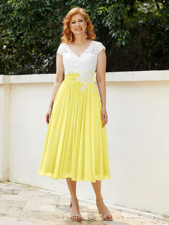 Cap Sleeves Chiffon Dresses with Ivory Bodice Lemon