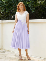 Cap Sleeves Chiffon Dresses with Ivory Bodice Lilac