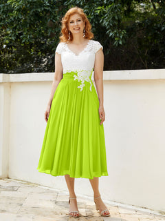 Cap Sleeves Chiffon Dresses with Ivory Bodice Lime Green