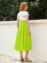 Cap Sleeves Chiffon Dresses with Ivory Bodice Lime Green