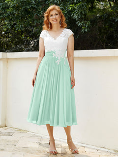 Cap Sleeves Chiffon Dresses with Ivory Bodice Mint Green