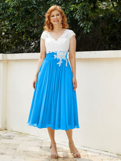 Cap Sleeves Chiffon Dresses with Ivory Bodice Ocean Blue