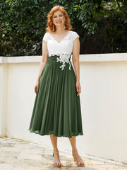 Cap Sleeves Chiffon Dresses with Ivory Bodice Olive Green