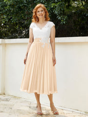 Cap Sleeves Chiffon Dresses with Ivory Bodice Peach