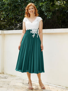 Cap Sleeves Chiffon Dresses with Ivory Bodice Peacock