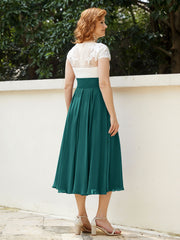 Cap Sleeves Chiffon Dresses with Ivory Bodice Peacock