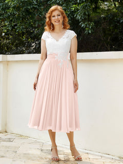Cap Sleeves Chiffon Dresses with Ivory Bodice Pearl Pink