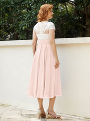 Cap Sleeves Chiffon Dresses with Ivory Bodice Pearl Pink