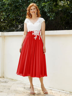 Cap Sleeves Chiffon Dresses with Ivory Bodice Red