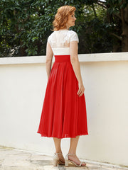 Cap Sleeves Chiffon Dresses with Ivory Bodice Red