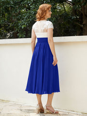 Cap Sleeves Chiffon Dresses with Ivory Bodice Royal Blue