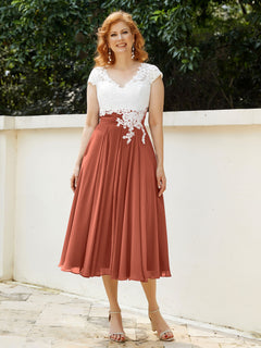 Cap Sleeves Chiffon Dresses with Ivory Bodice Rust