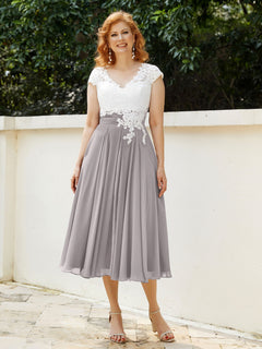 Cap Sleeves Chiffon Dresses with Ivory Bodice Silver