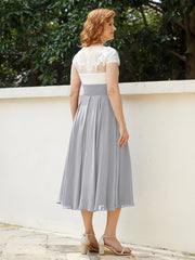 Cap Sleeves Chiffon Dresses with Ivory Bodice Silver