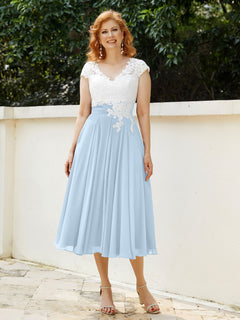 Cap Sleeves Chiffon Dresses with Ivory Bodice Sky Blue