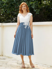 Cap Sleeves Chiffon Dresses with Ivory Bodice Slate Blue