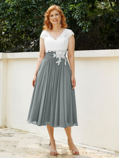 Cap Sleeves Chiffon Dresses with Ivory Bodice Steel Grey