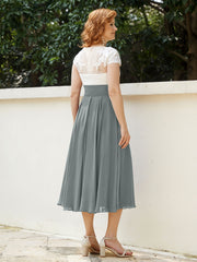 Cap Sleeves Chiffon Dresses with Ivory Bodice Steel Grey