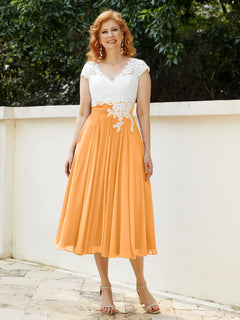 Cap Sleeves Chiffon Dresses with Ivory Bodice Tangerine