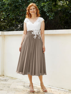 Cap Sleeves Chiffon Dresses with Ivory Bodice Taupe