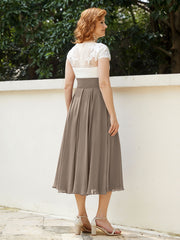 Cap Sleeves Chiffon Dresses with Ivory Bodice Taupe