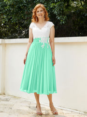 Cap Sleeves Chiffon Dresses with Ivory Bodice Turquoise