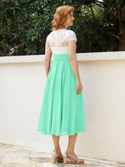 Cap Sleeves Chiffon Dresses with Ivory Bodice Turquoise