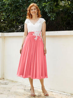 Cap Sleeves Chiffon Dresses with Ivory Bodice Watermelon