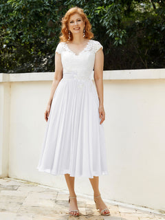 Cap Sleeves Chiffon Dresses with Ivory Bodice White