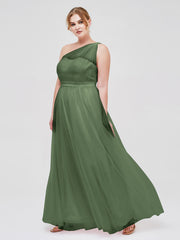 One Shoulder Tulle Long Bridesmaid Dresses Olive Green