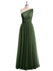One Shoulder Tulle Long Bridesmaid Dresses Olive Green