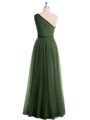 One Shoulder Tulle Long Bridesmaid Dresses Olive Green