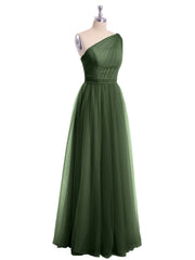 One Shoulder Tulle Long Bridesmaid Dresses Olive Green