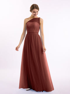 One Shoulder Tulle Long Bridesmaid Dresses Terracotta