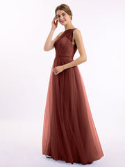 One Shoulder Tulle Long Bridesmaid Dresses Terracotta