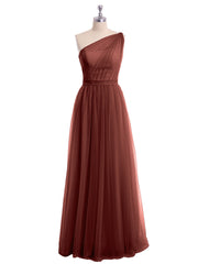 One Shoulder Tulle Long Bridesmaid Dresses Terracotta