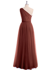 One Shoulder Tulle Long Bridesmaid Dresses Terracotta
